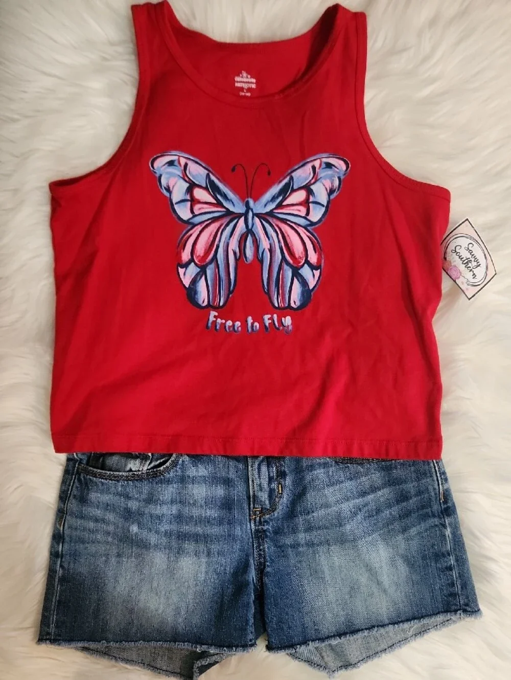 2 Pc Outfit: Distressed Denim Shorts - Kids Size 12 - Brand: Old Navy - Red Tank